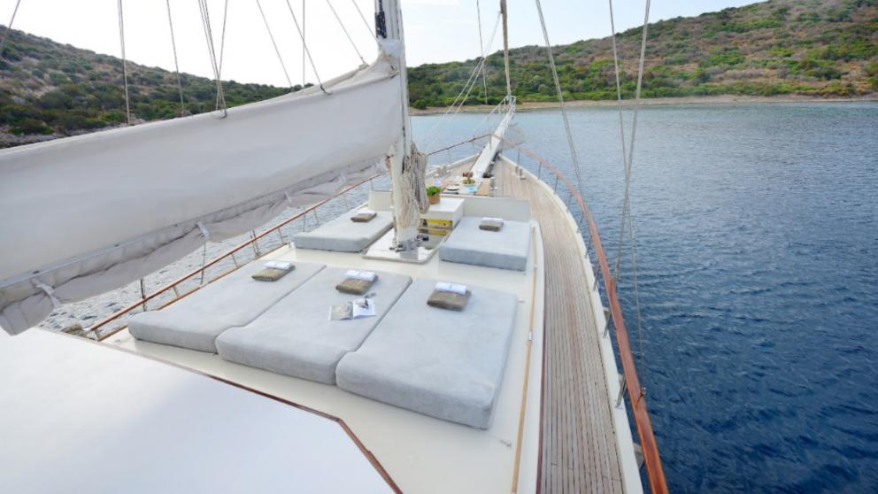 The upper deck of the Cobra 3 gulet. You can see the soft sun mattresses